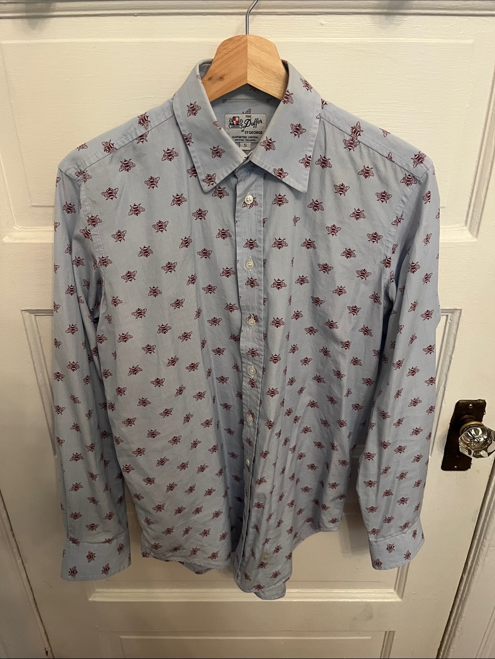 Light Blue Button-Down Shirt with Burgundy Floral Print